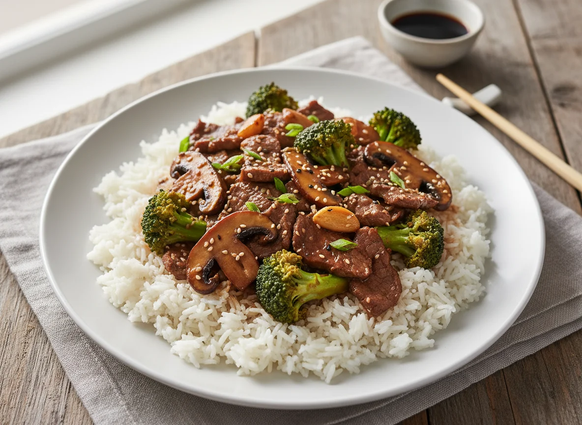 Beef and Broccoli with Mushrooms on Rice photo