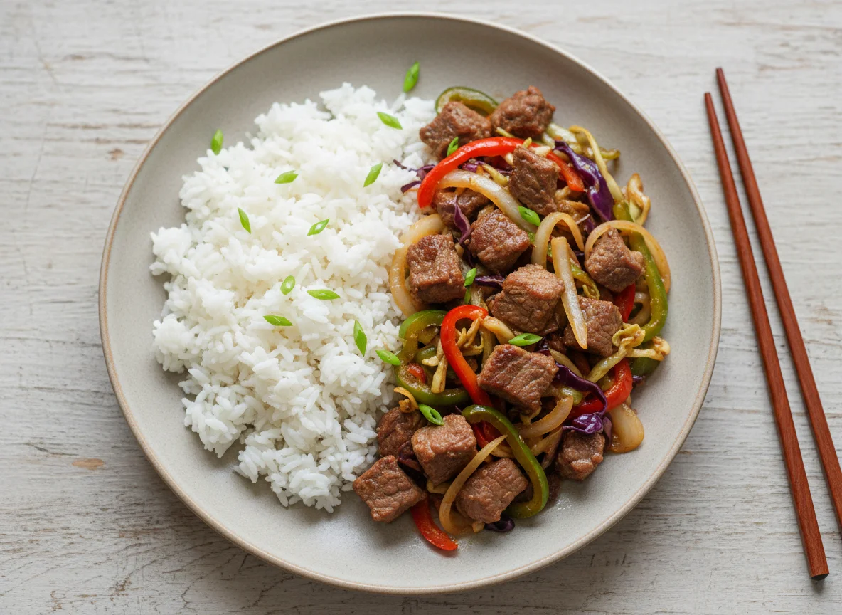 Beef and Cabbage Stir-fry with White Rice photo
