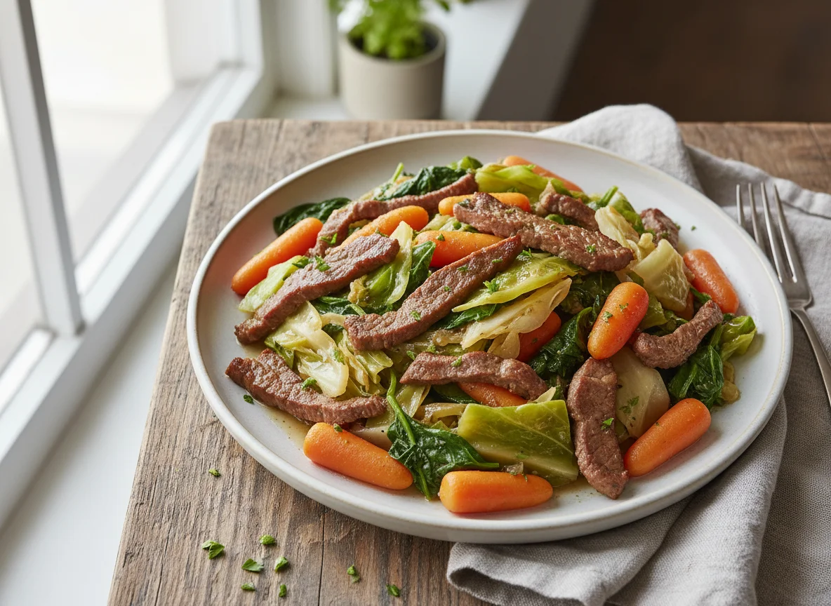Beef and Cabbage with Spinach and Carrots photo