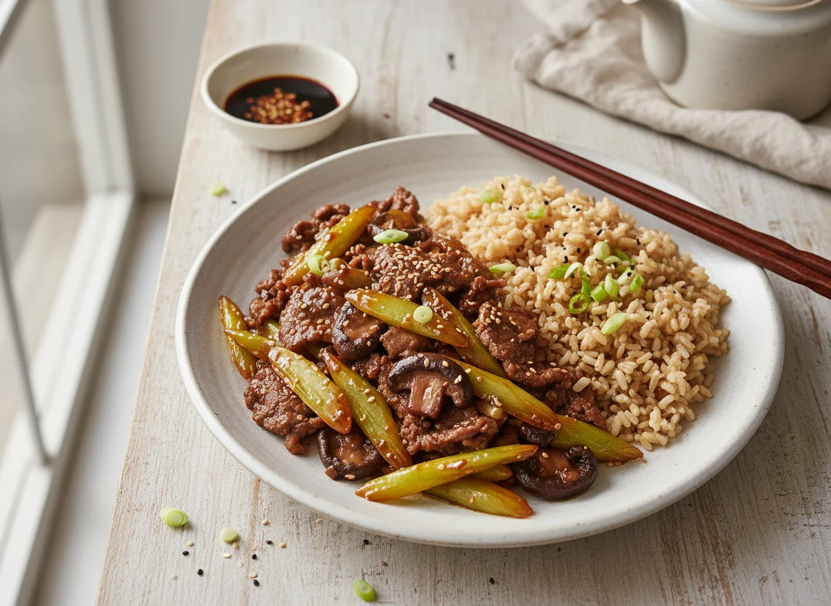Beef and Celery Stir-fry with Brown Rice photo