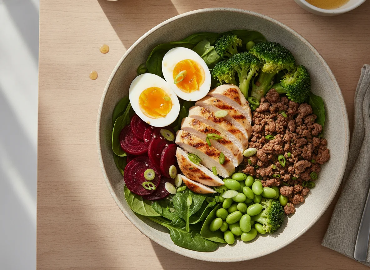 Beef and Chicken Protein Bowl with Hard Boiled Eggs photo