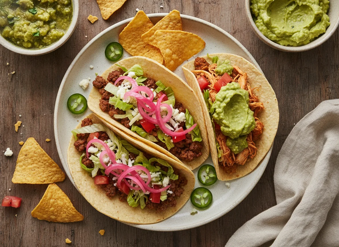 Beef and Chicken Tacos with Tortilla Chips photo