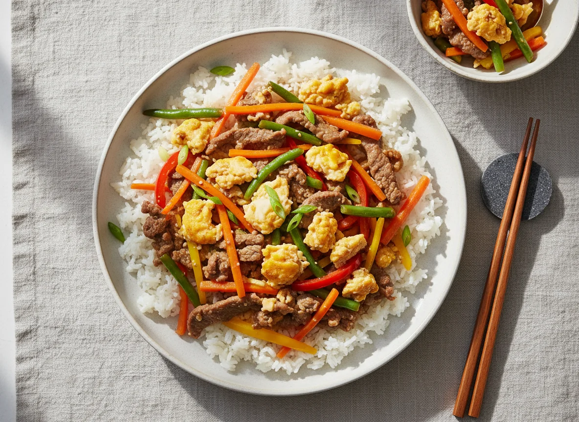 Beef and Egg Stir-fry with Rice photo