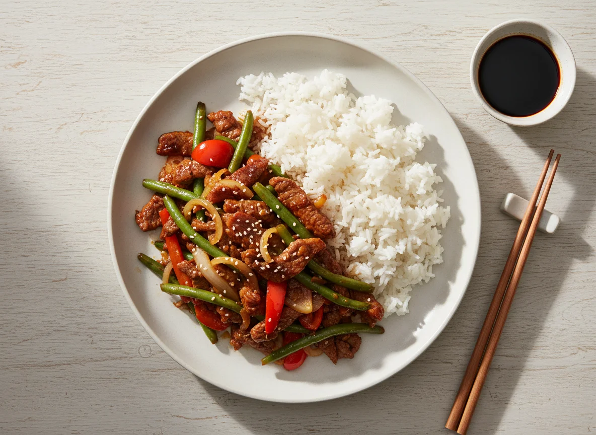 Beef and Green Bean Stir-fry with Rice photo