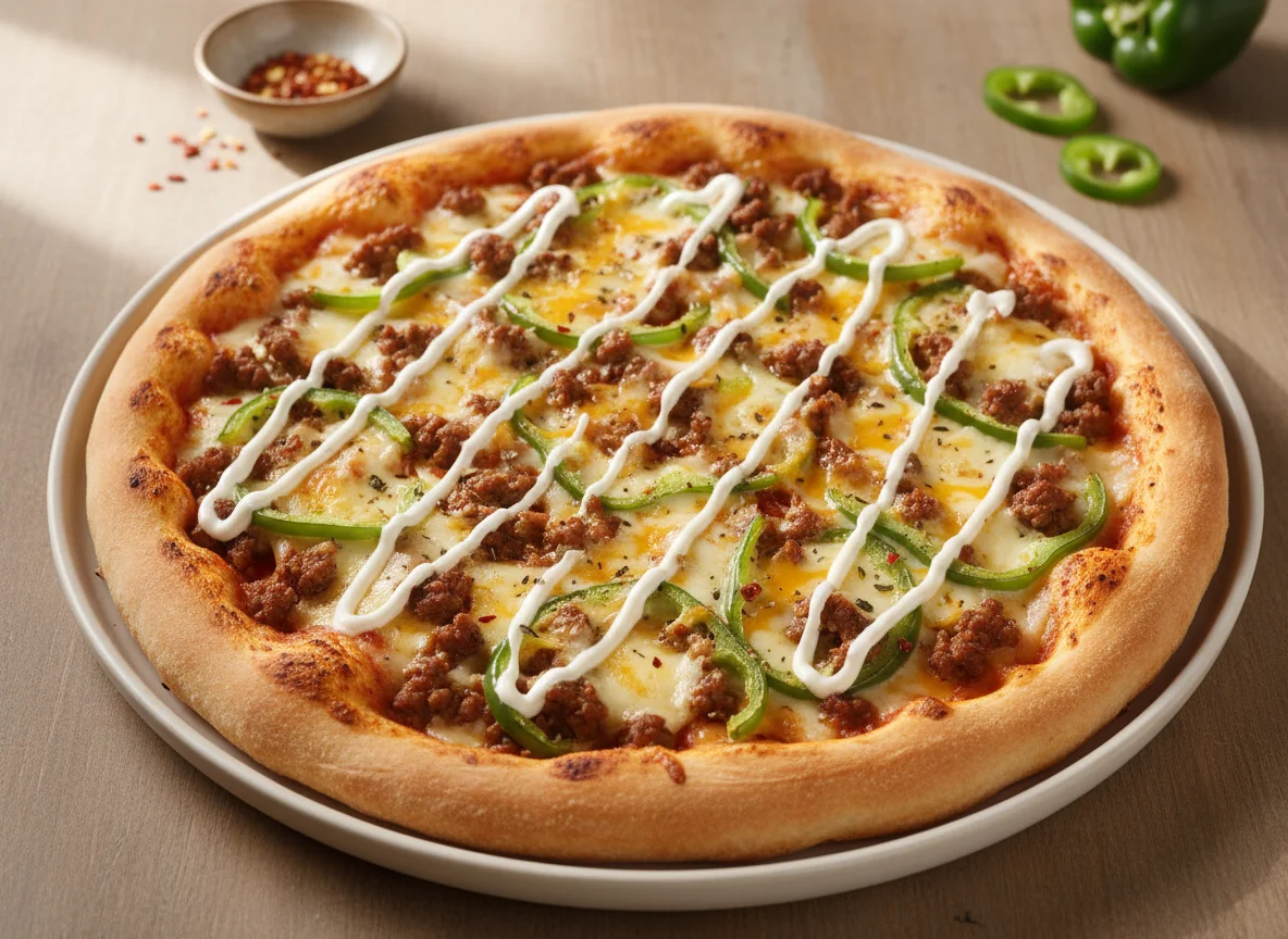 Beef and Green Pepper Pizza with Mayonnaise Drizzle photo