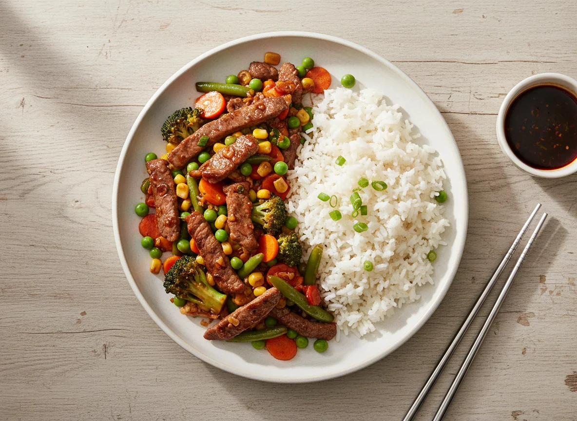 Beef and Mixed Vegetable Stir-fry with Rice photo