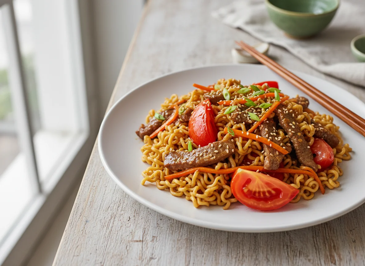 Beef and Noodle Stir-fry with Tomato photo
