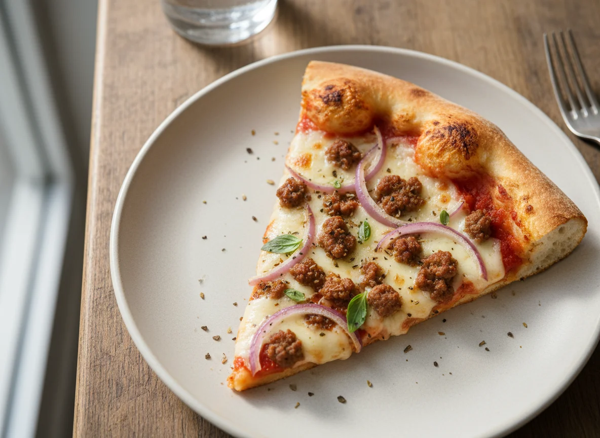 Beef and Onion Pizza Slice photo