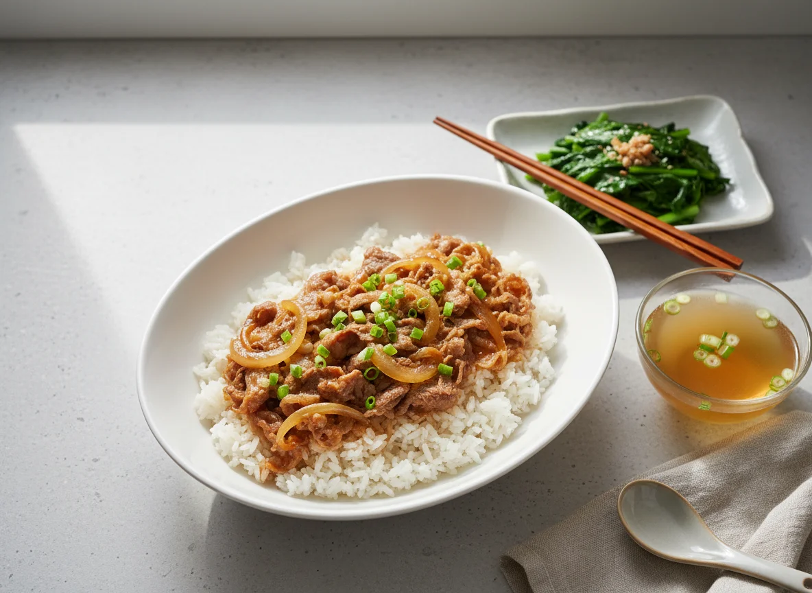 Beef and Onion Rice Bowl with Side Vegetables photo