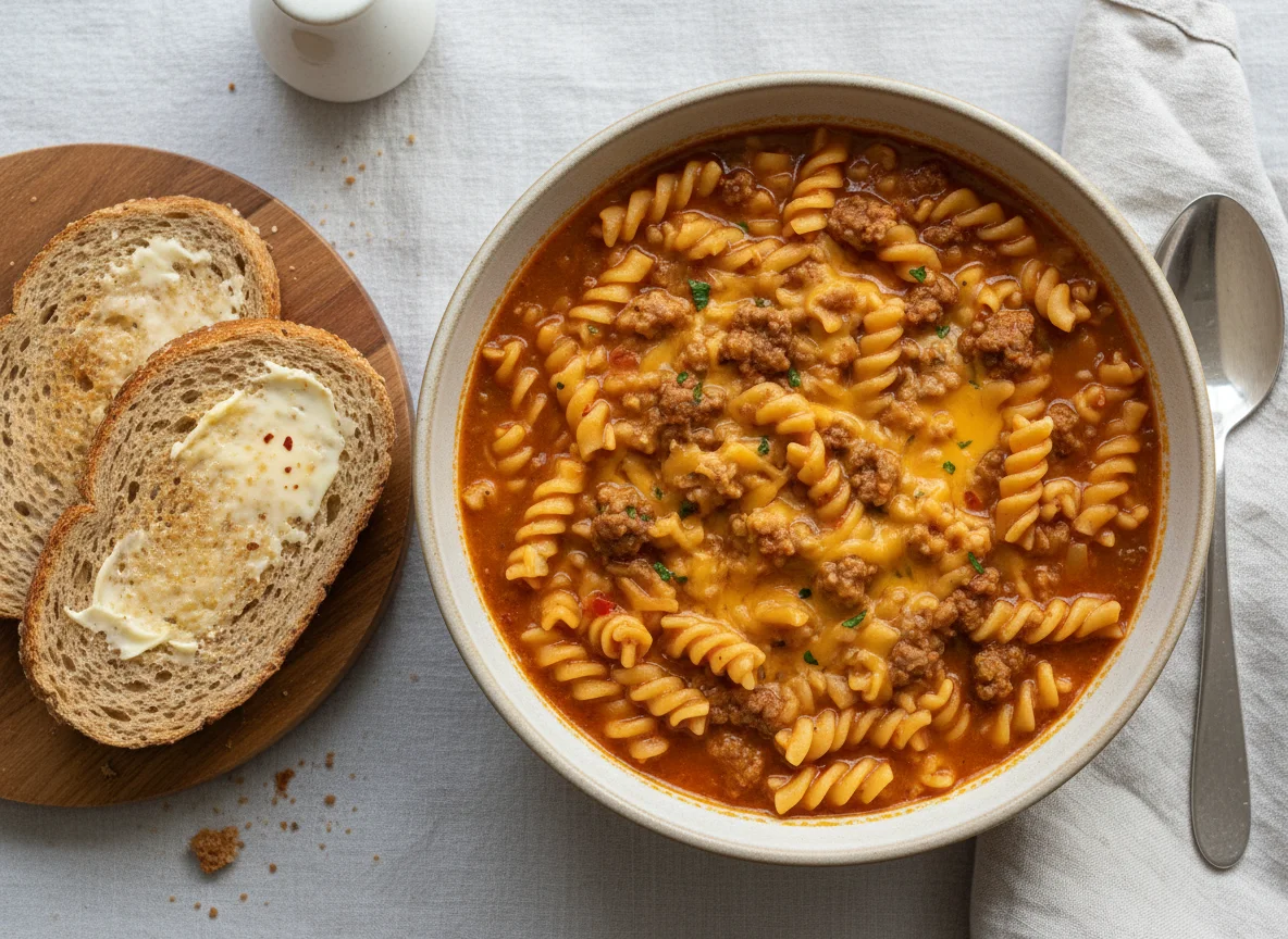 Beef and Pasta Soup with Buttered Bread photo