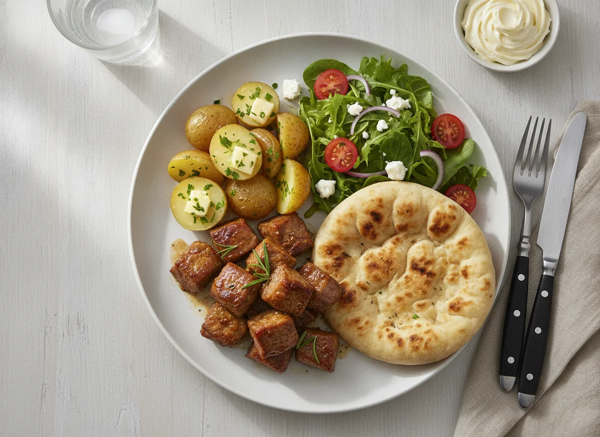 Beef and potato meal with salad and flatbread photo
