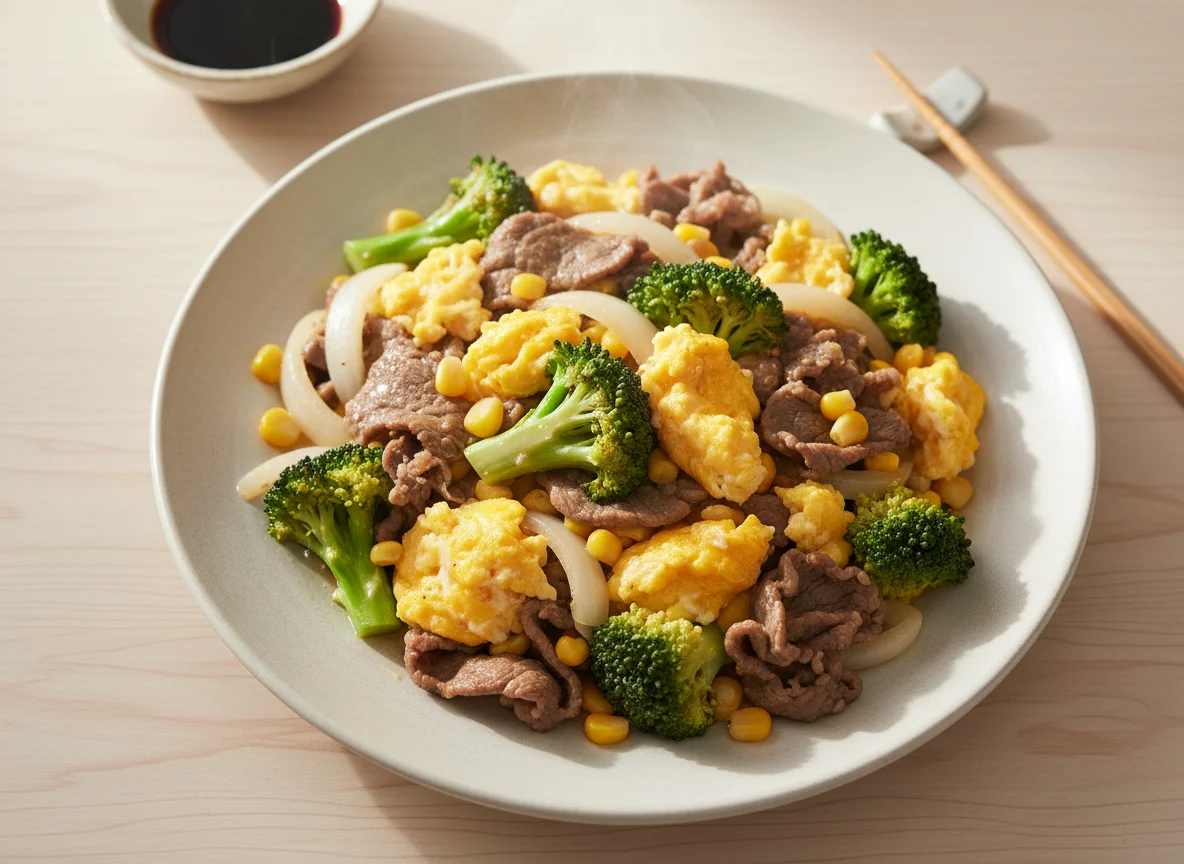 Beef and Scrambled Egg Stir-fry with Broccoli photo