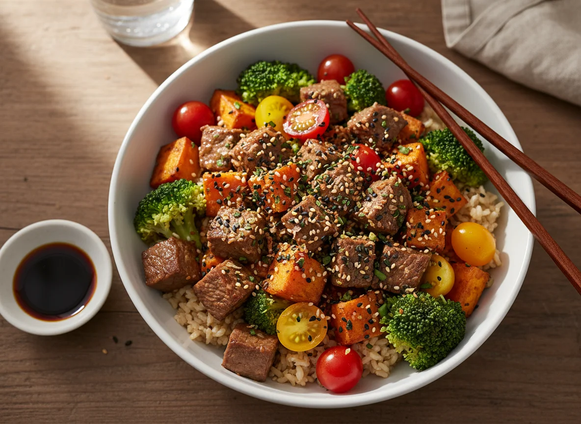 Beef and Sweet Potato Bowl with Broccoli and Rice photo