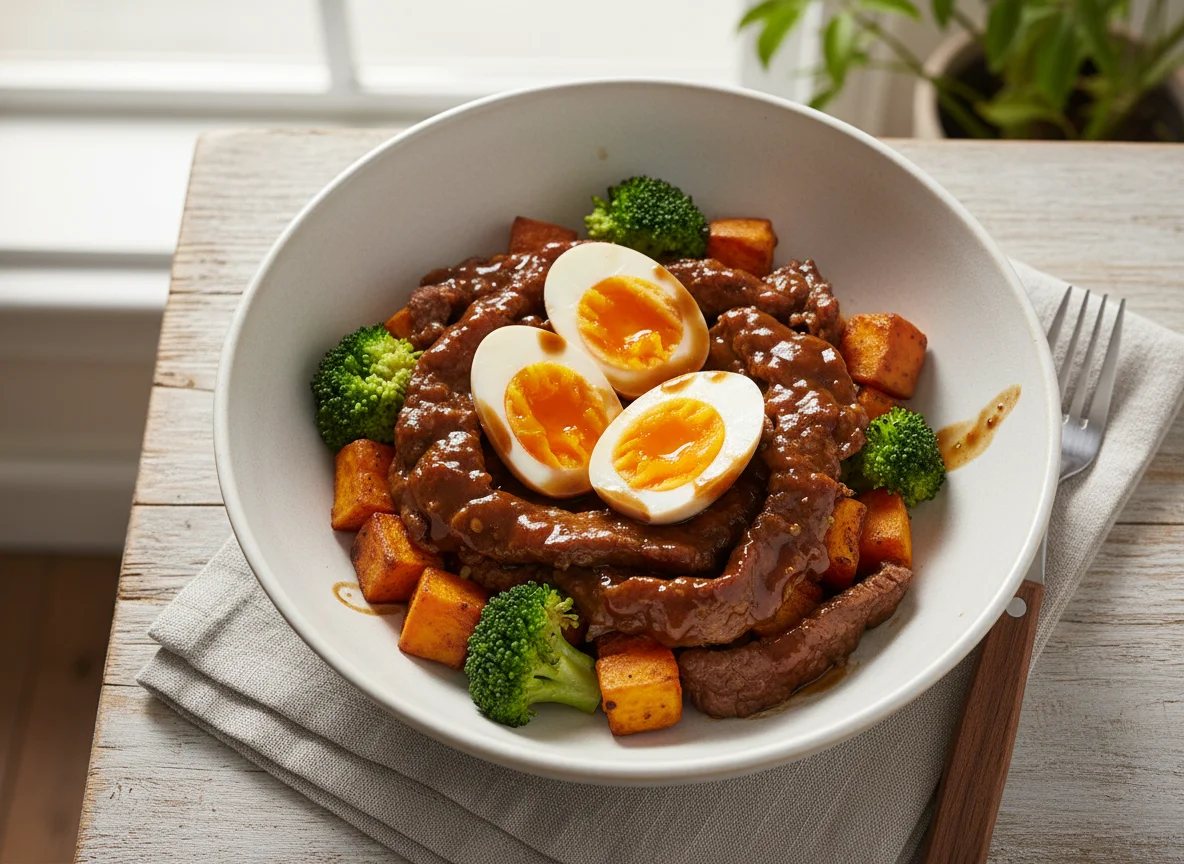 Beef and Vegetable Bowl with Boiled Eggs photo