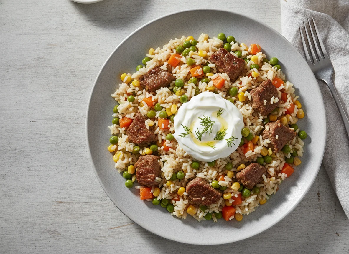 Beef and Vegetable Pilaf with Greek Yoghurt photo