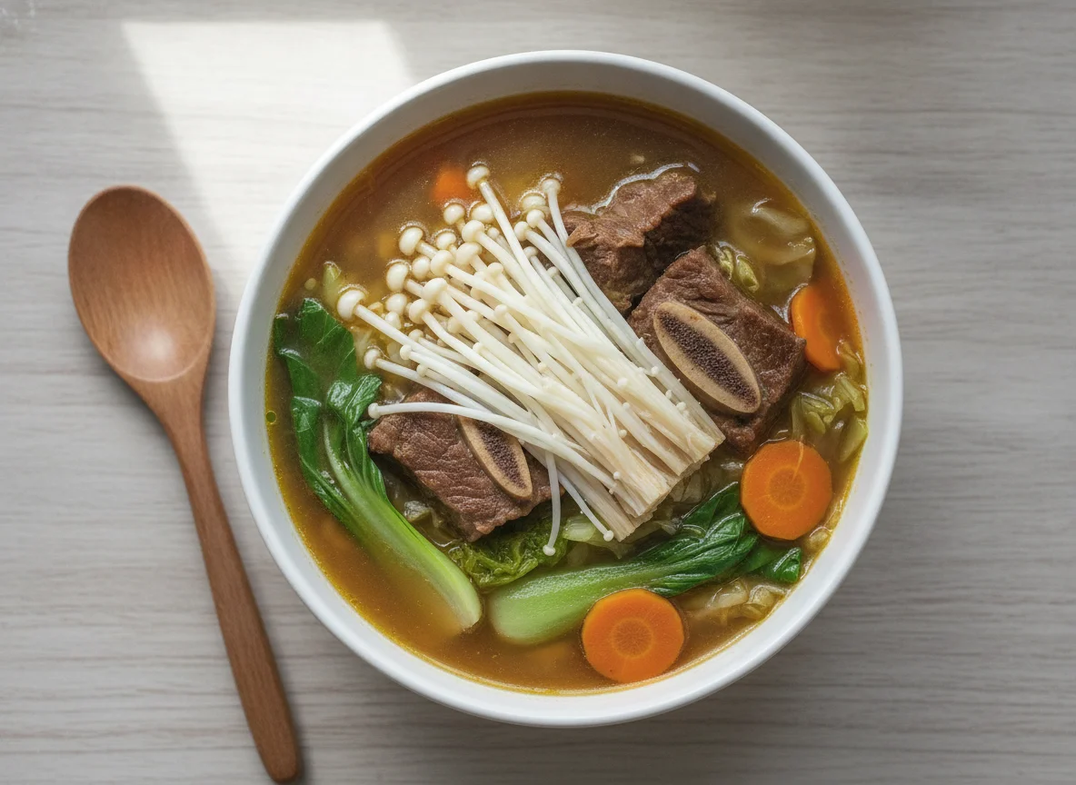 Beef and Vegetable Soup with Enoki Mushrooms photo