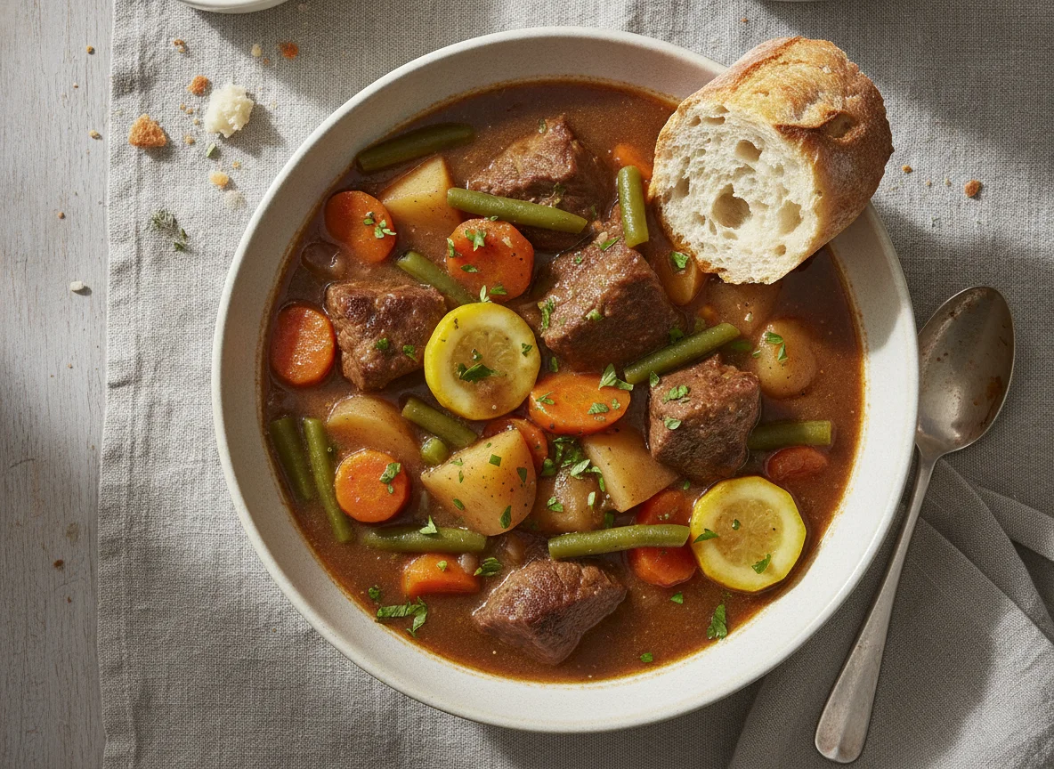 Beef and Vegetable Stew with Baguette photo