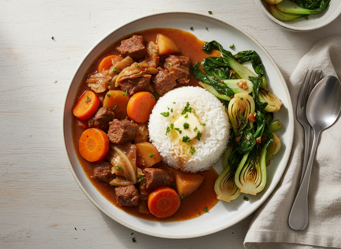 Beef and Vegetable Stew with Rice and Stir-fried Greens photo