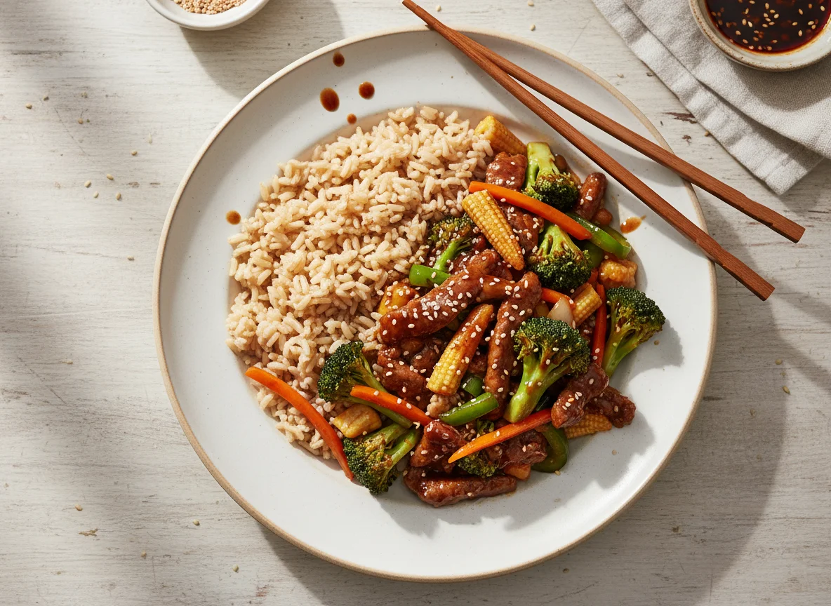 Beef and Vegetable Stir-fry with Brown Rice photo