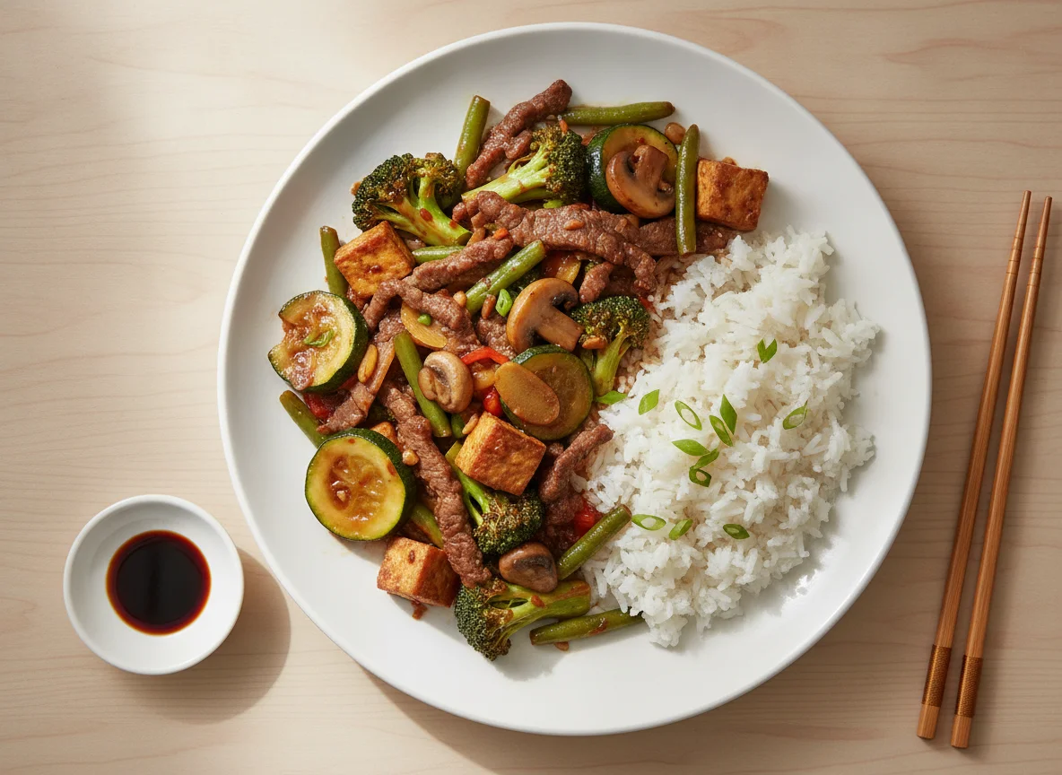 Beef and Vegetable Stir-fry with White Rice photo