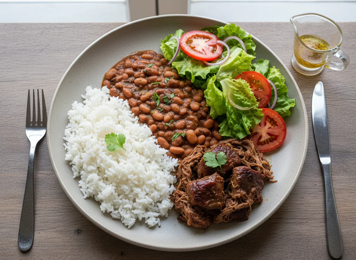 Beef, Beans, Rice, and Salad Plate photo
