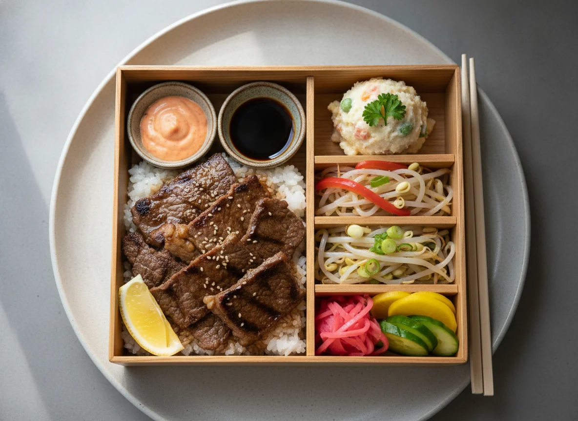 Beef Bento Box with Rice and Sides photo