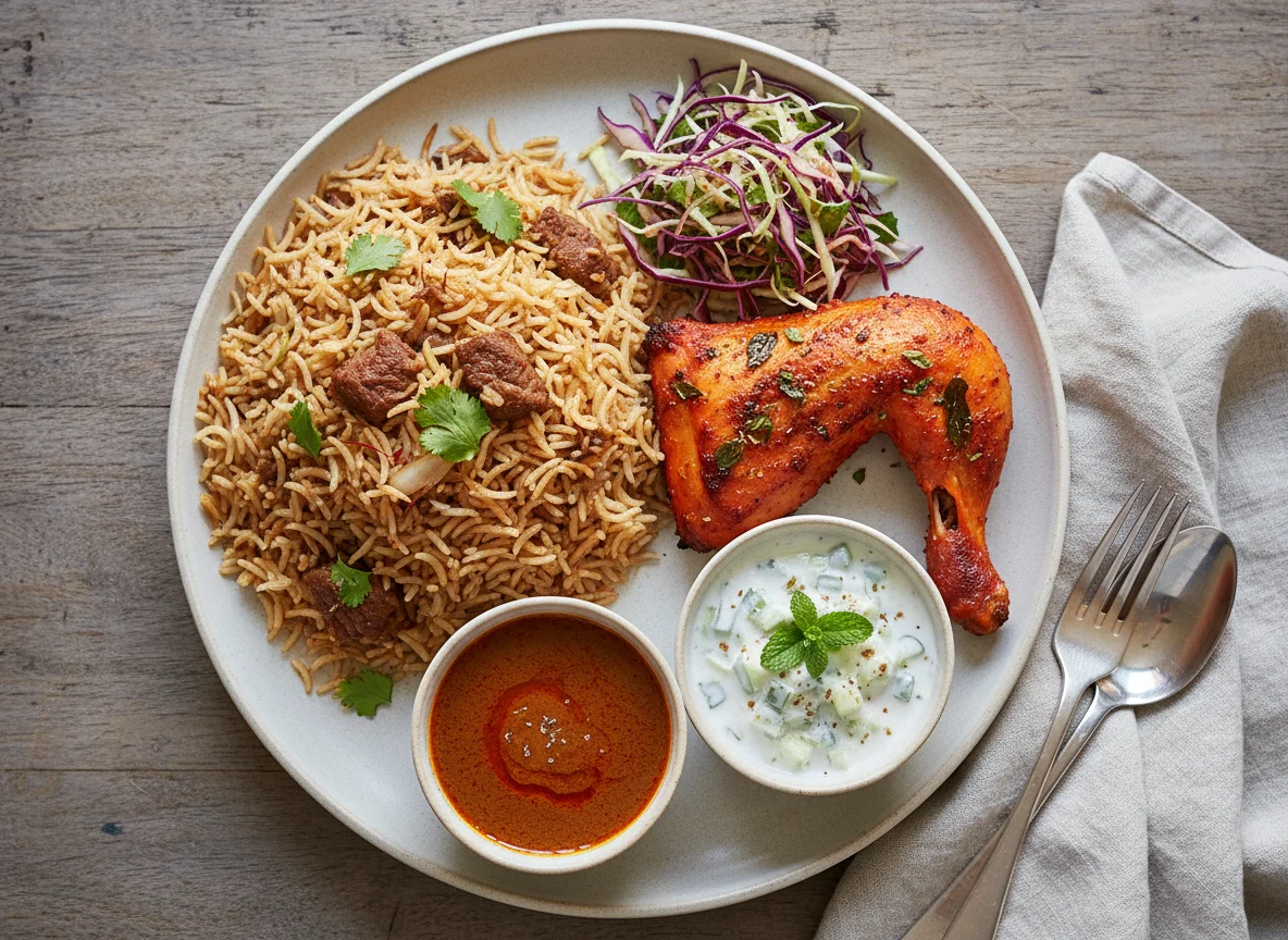 Beef Biryani with Tandoori Chicken and Sides photo