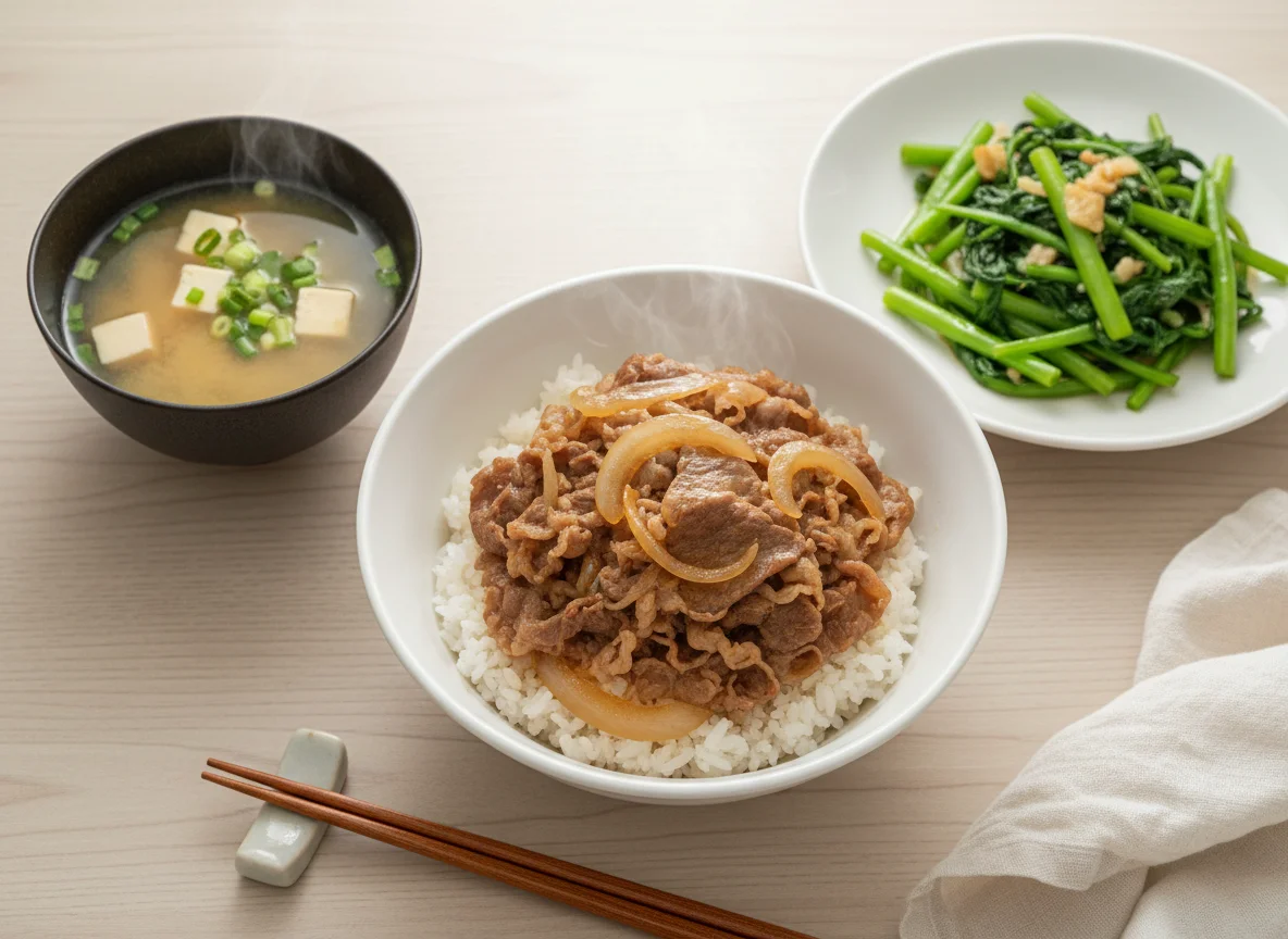Beef Bowl Set with Miso Soup and Stir-fried Greens photo