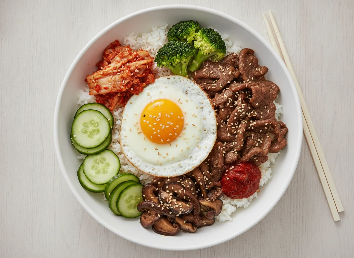 Beef Bulgogi Bowl with Fried Egg and Rice photo