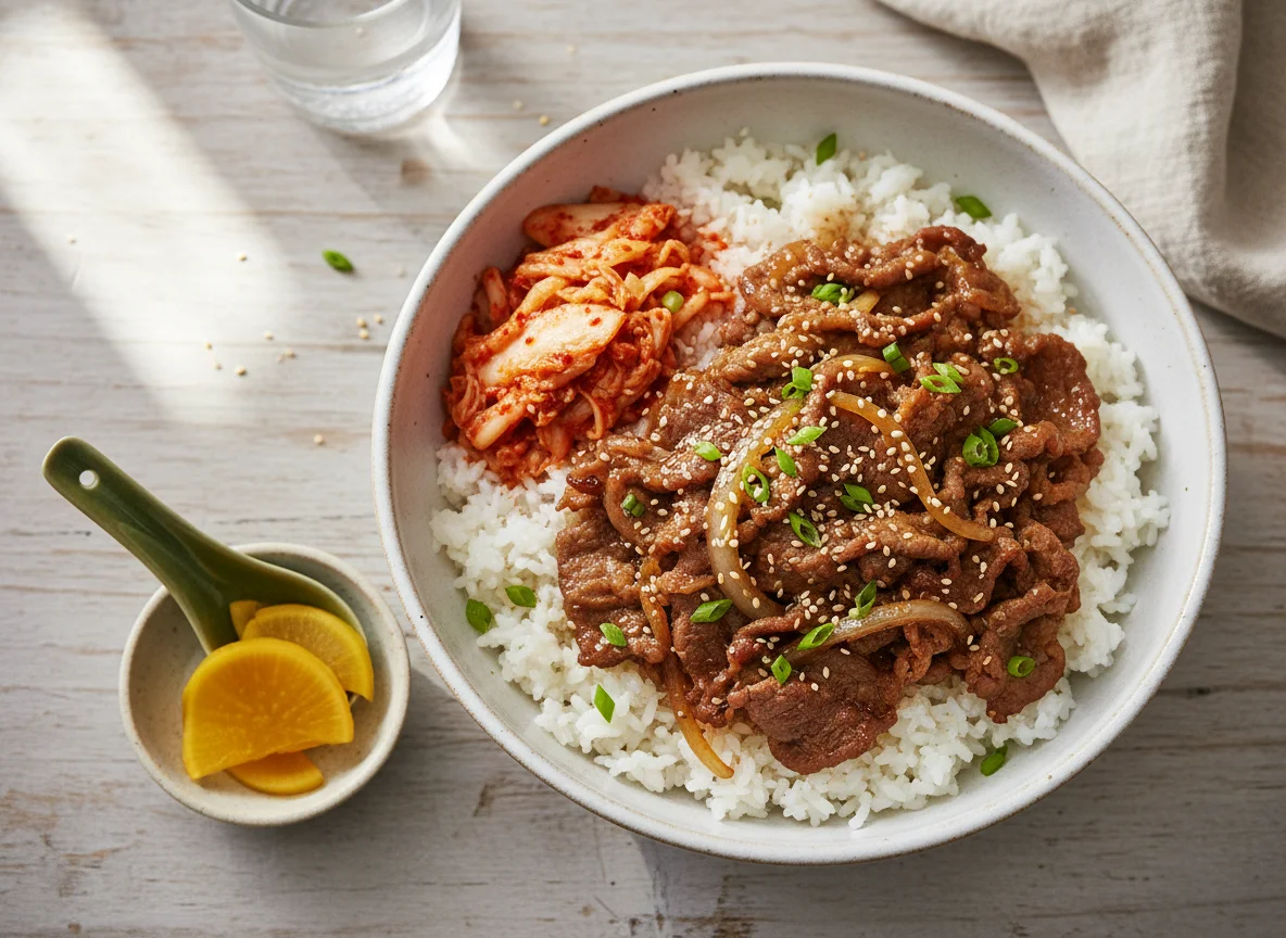 Beef Bulgogi Rice Bowl with Kimchi photo