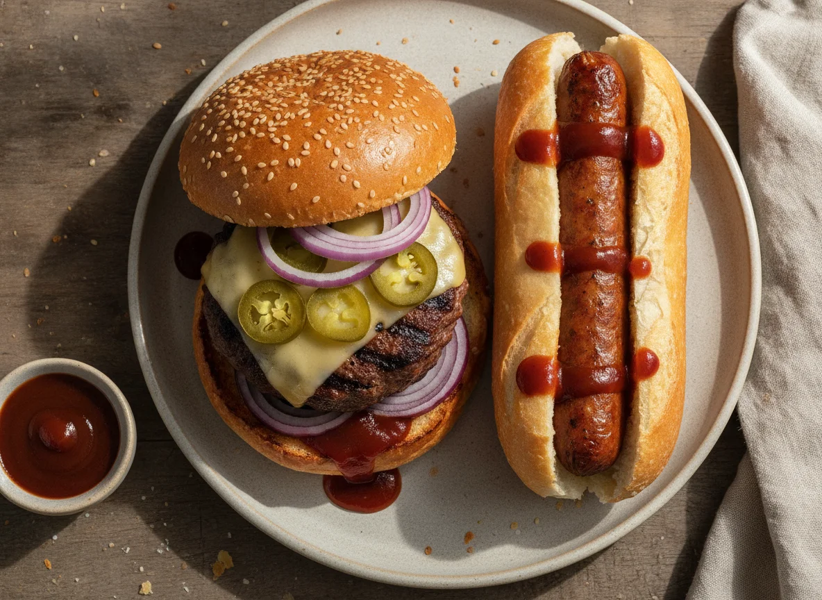 Beef Burger and Sausage Roll with BBQ Sauce photo