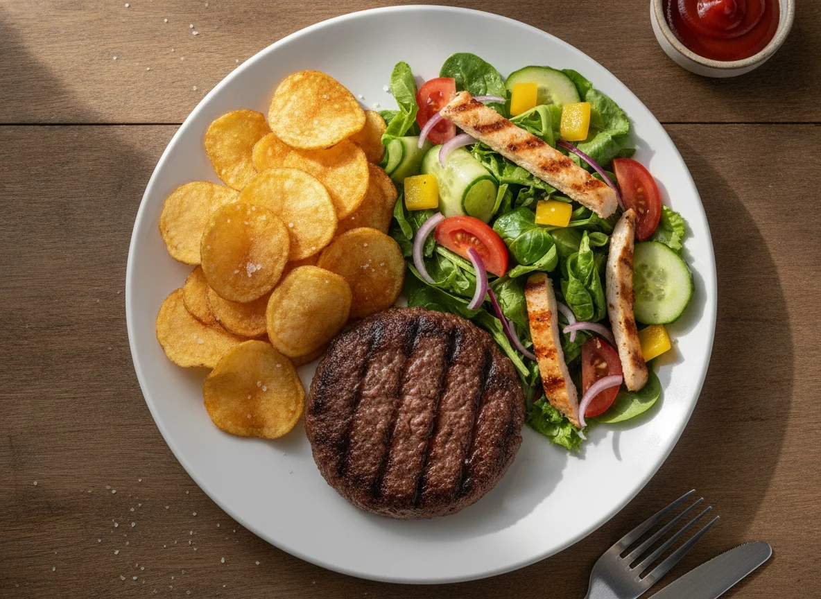 Beef burger patty with mixed salad and chips photo