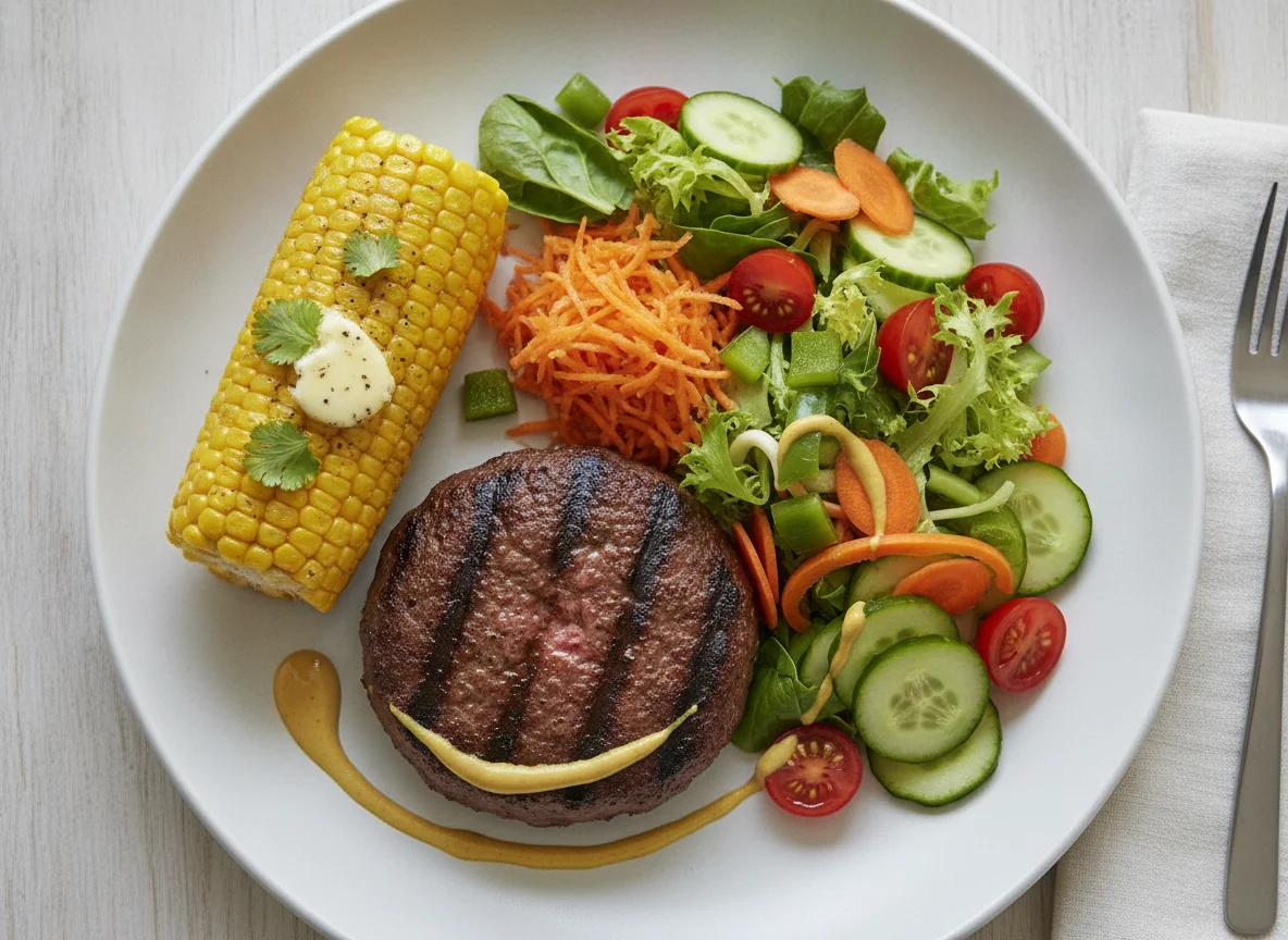 Beef burger patty with mixed salad and corn on the cob photo