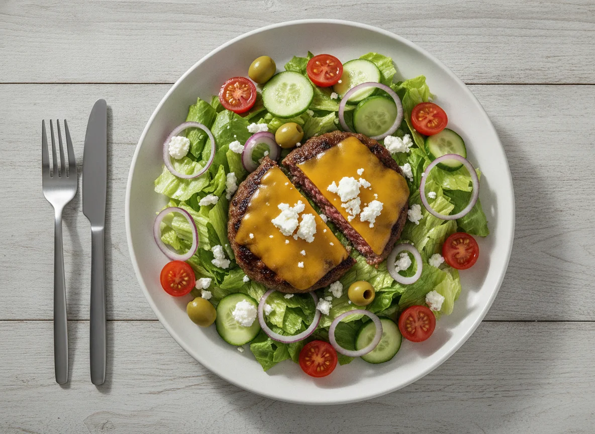Beef Burger Salad with Cheese and Feta photo