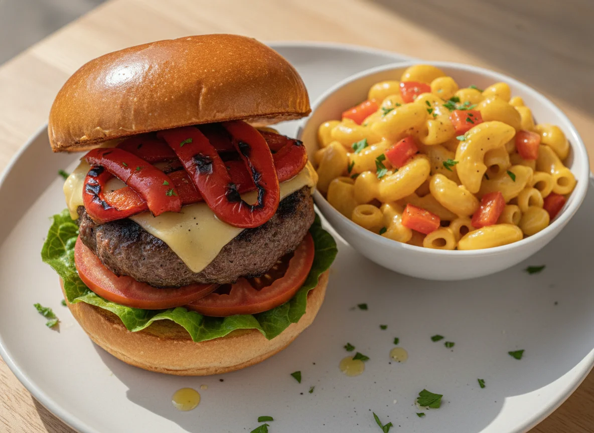 Beef burger with bell peppers and side of macaroni photo