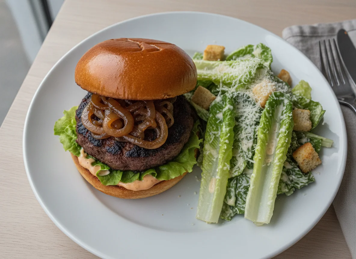 Beef Burger with Caramelised Onions and Caesar Salad photo