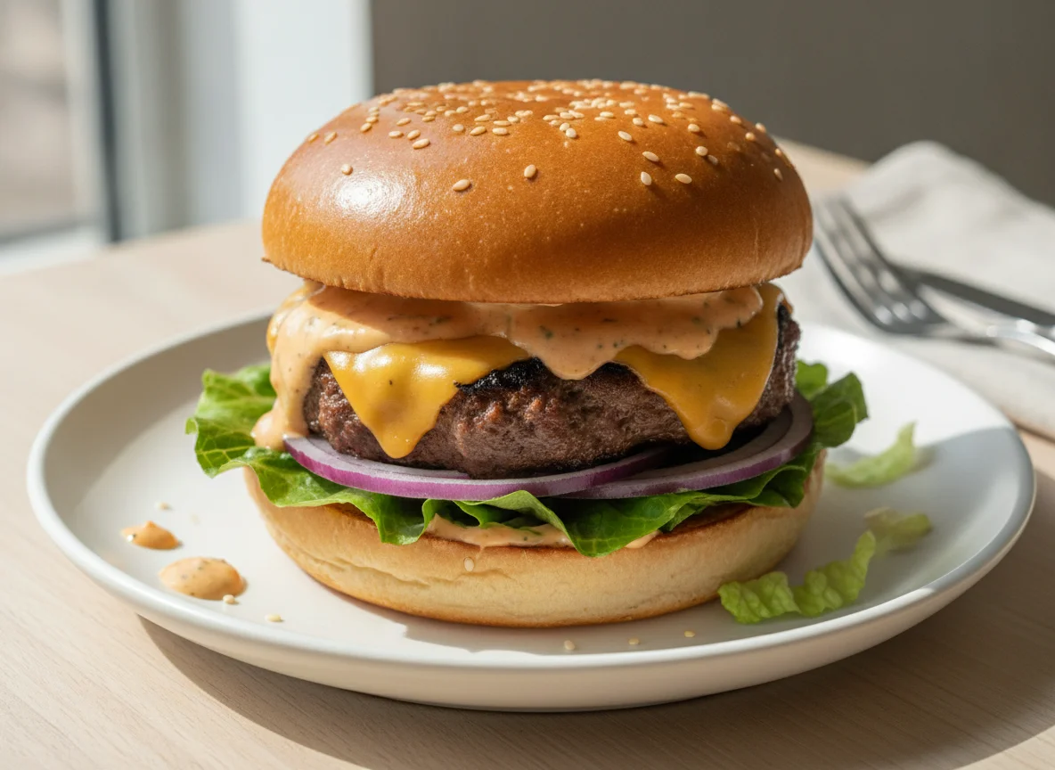 Beef Burger with Cheese and Salad photo
