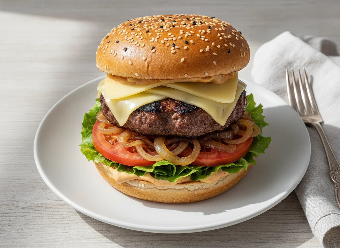 Beef Burger with Cheese and Vegetables photo