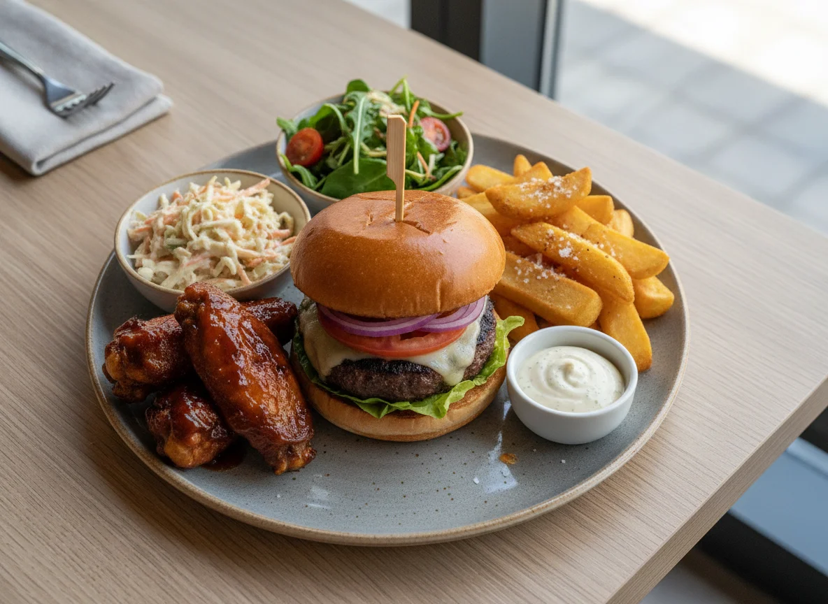 Beef Burger with Chips and Chicken Wings photo