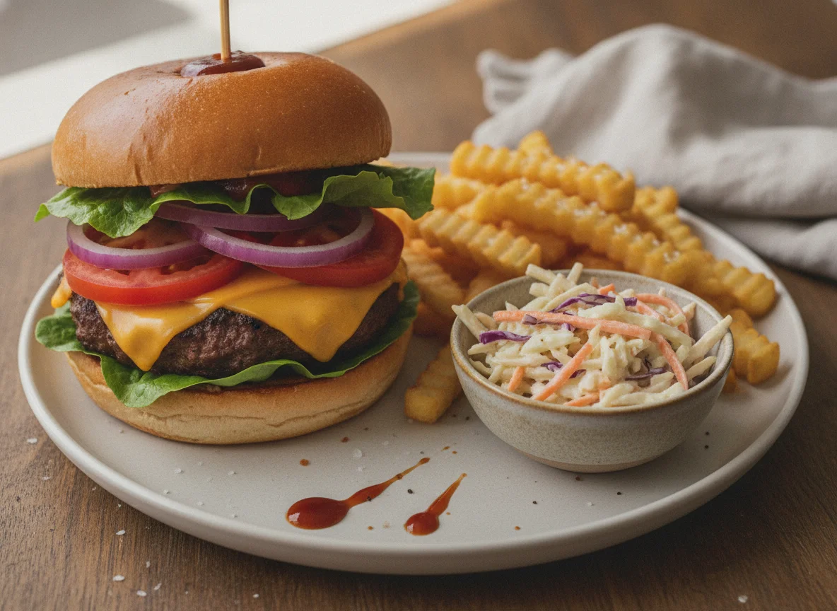 Beef Burger with Chips and Coleslaw photo