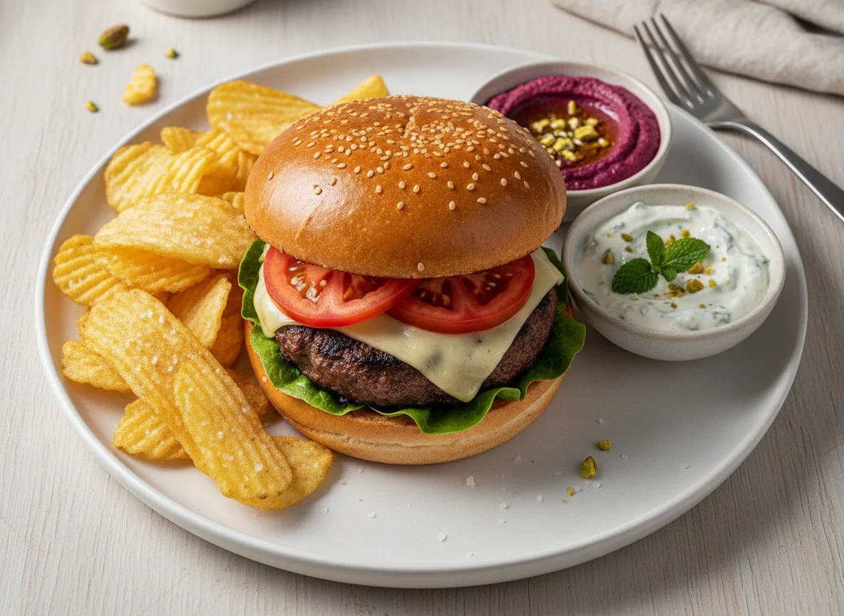 Beef Burger with Chips and Dips photo