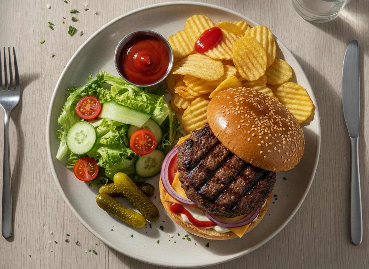 Beef burger with chips and salad photo