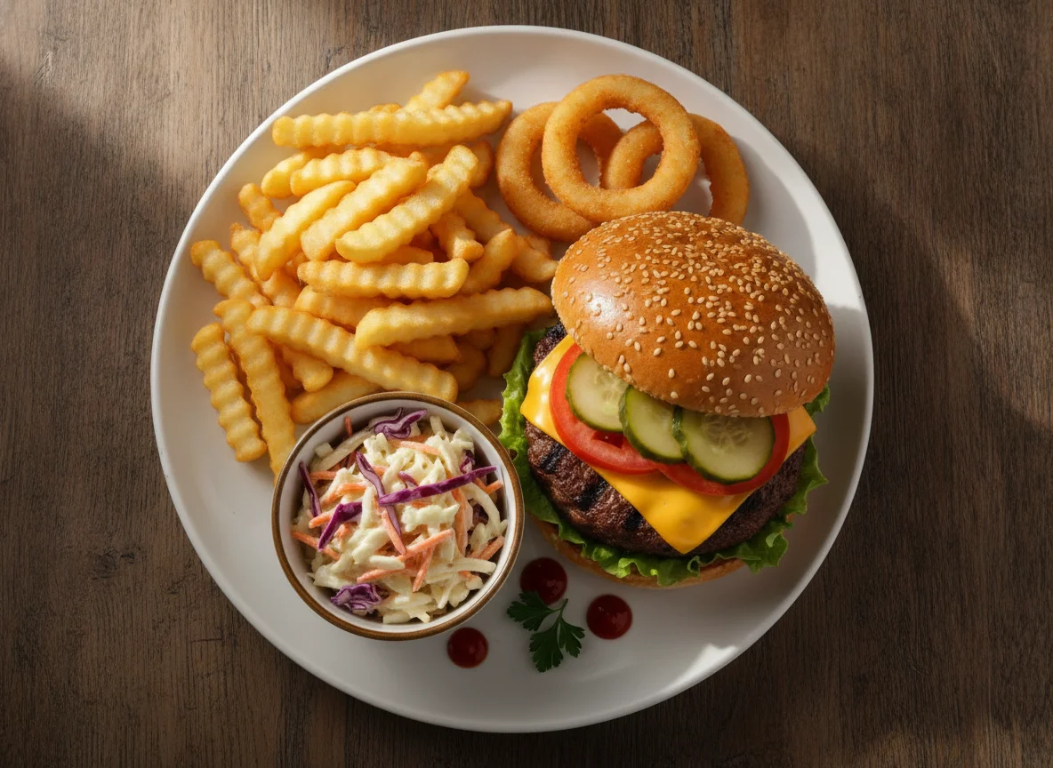 Beef Burger with Chips, Onion Rings and Coleslaw photo