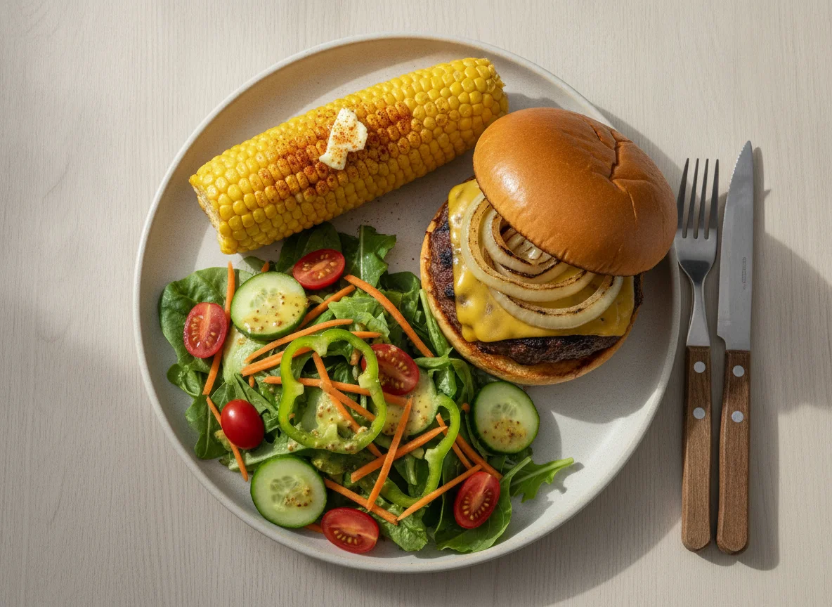 Beef burger with corn on the cob and mixed salad photo