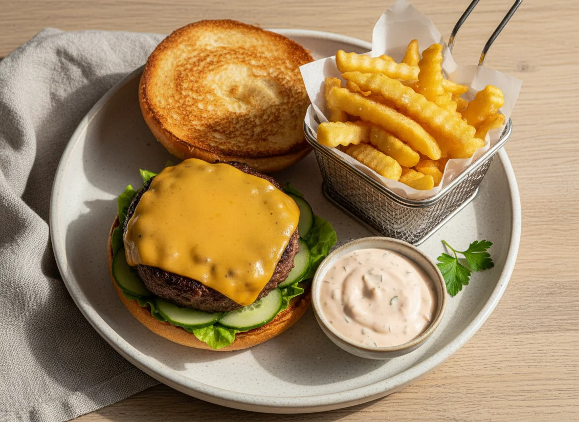 Beef Burger with French Fries and Garlic Sauce photo