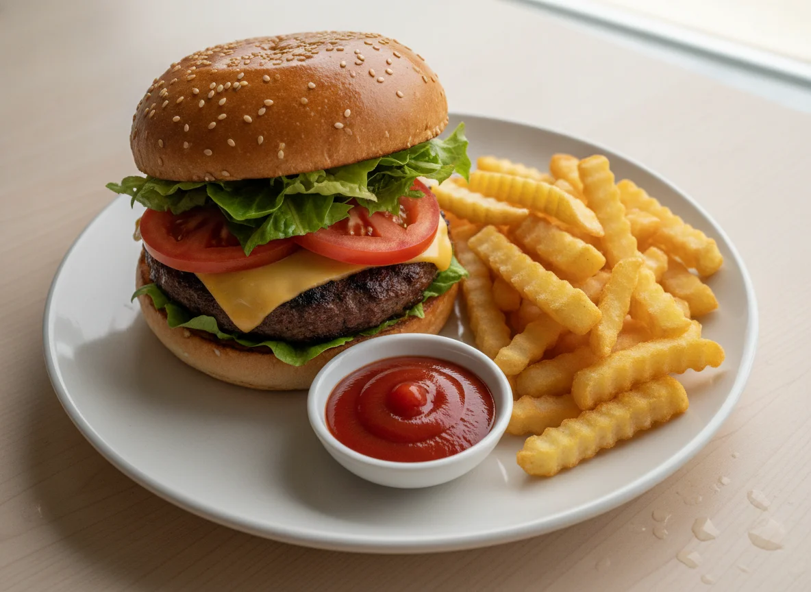 Beef Burger with French Fries and Ketchup photo