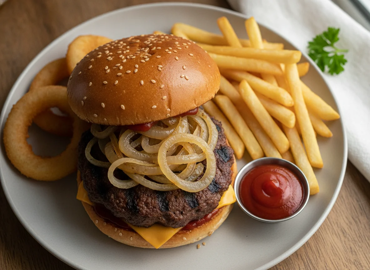 Beef Burger with French Fries and Onion Rings photo