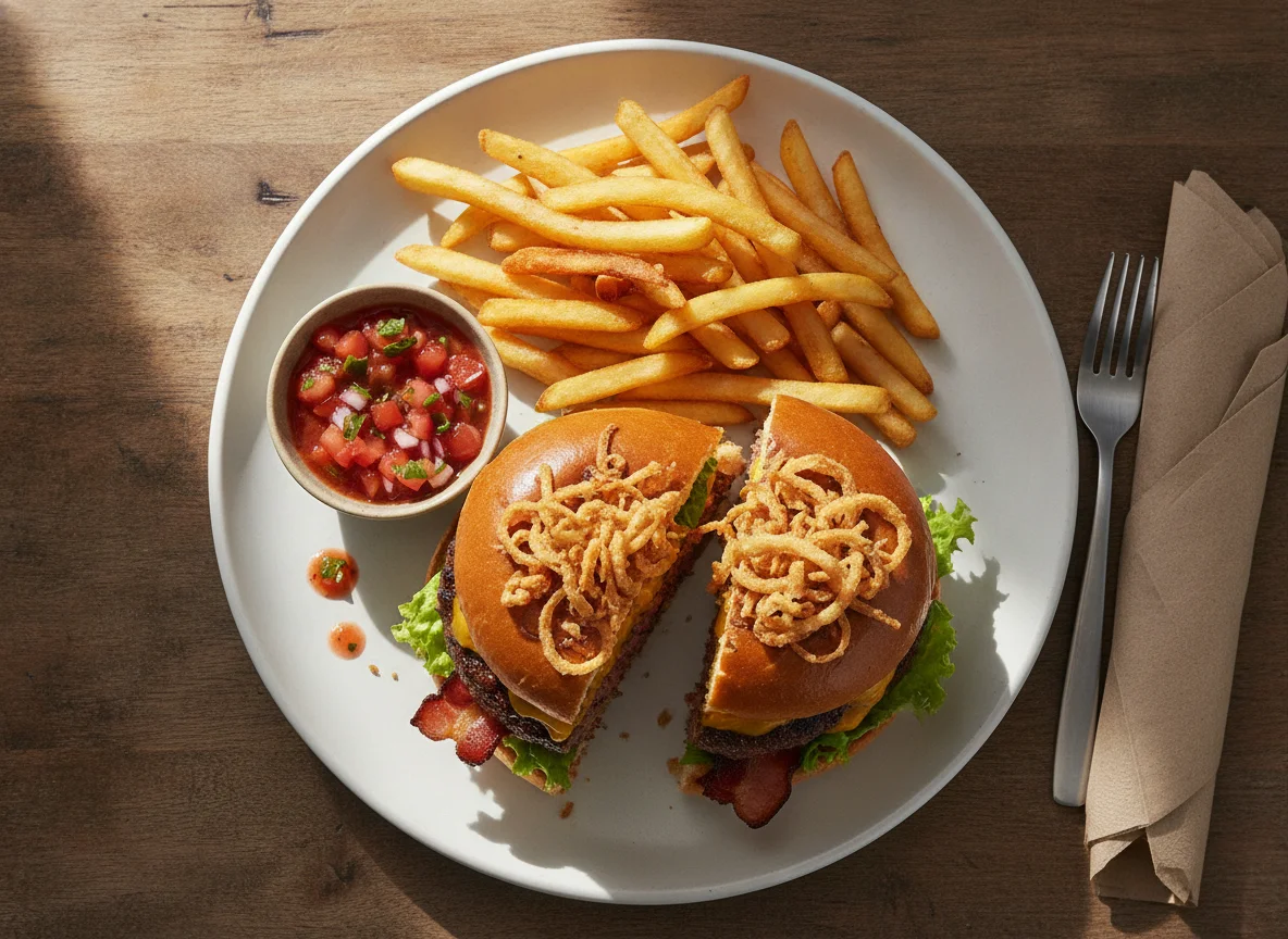 Beef Burger with French Fries and Salsa photo