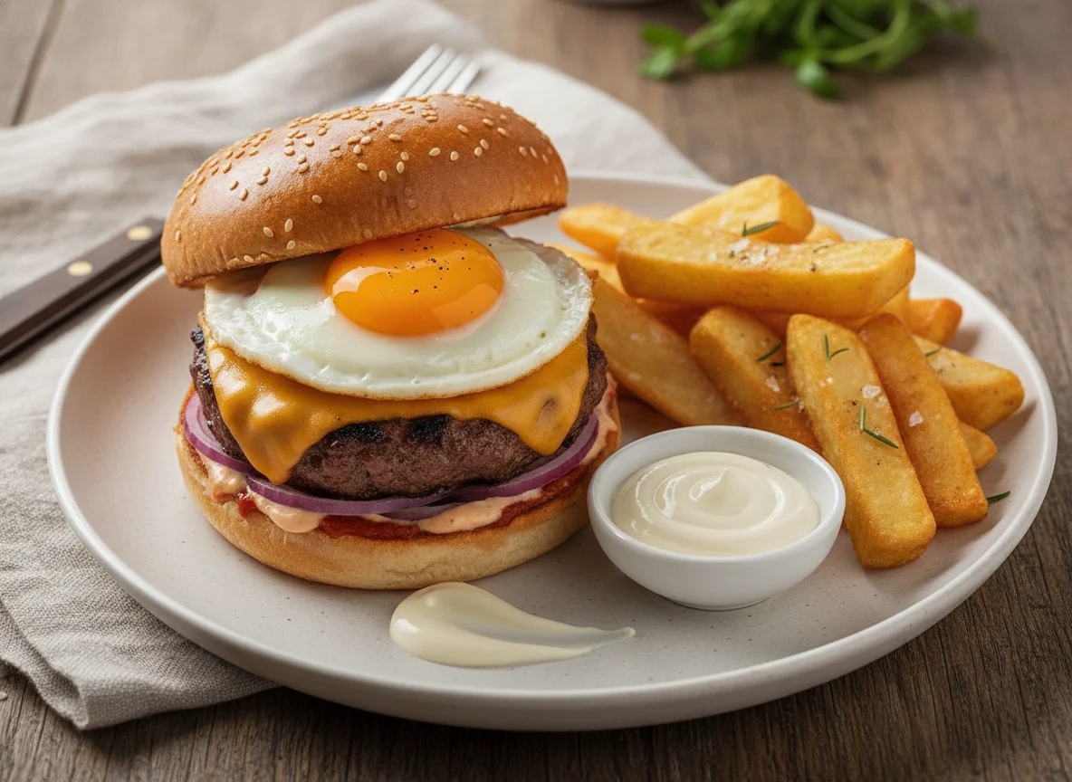 Beef Burger with Fried Egg and Chips photo