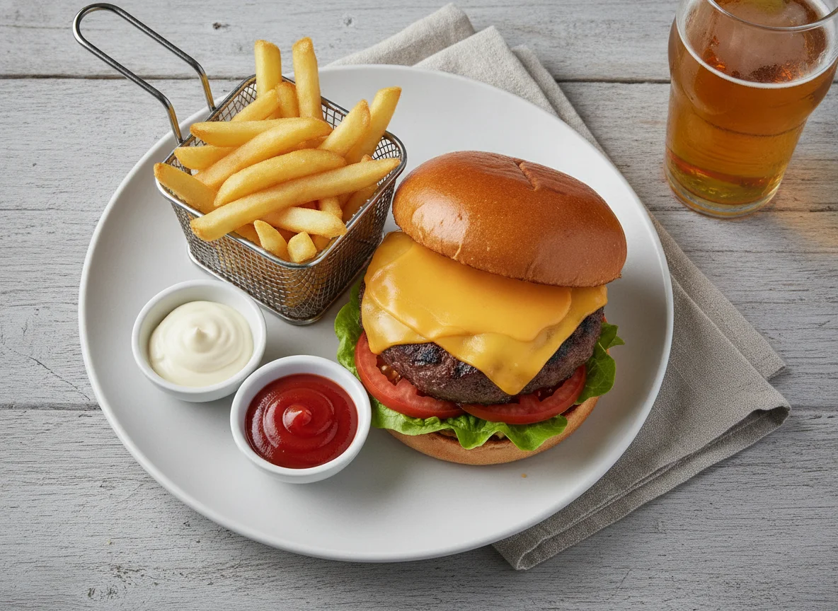 Beef Burger with Fries and Condiments photo